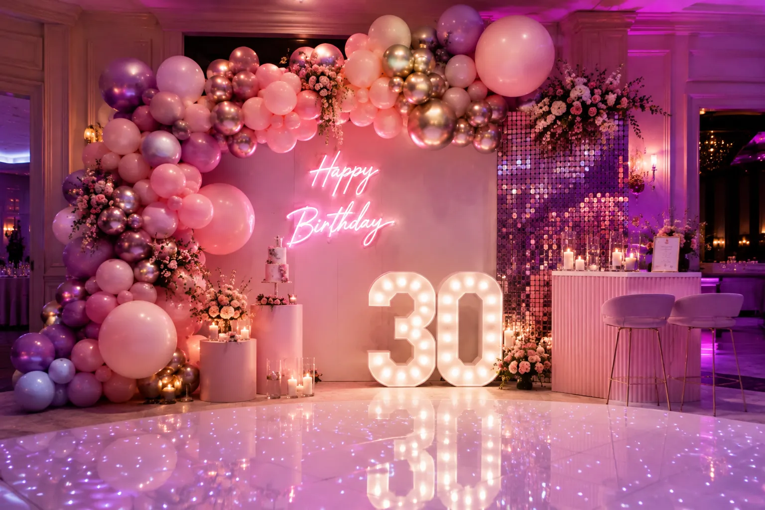 Balloon decor for a birthday party with a photo backdrop