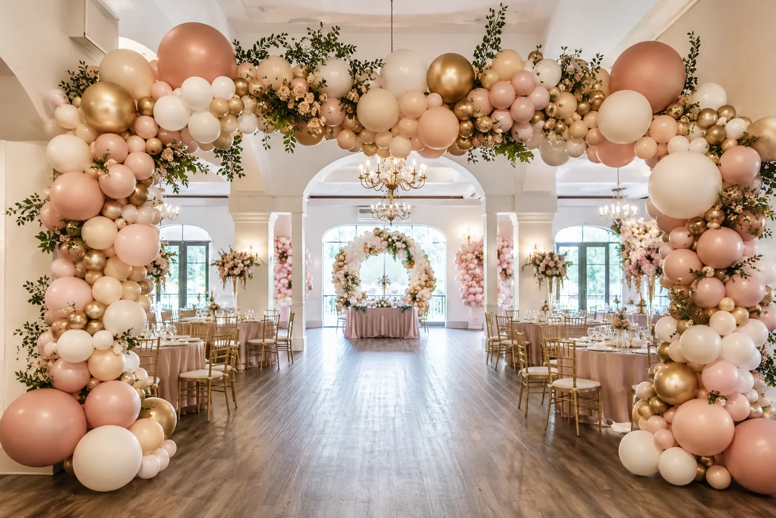 Balloon decor throughout an indoor event venue