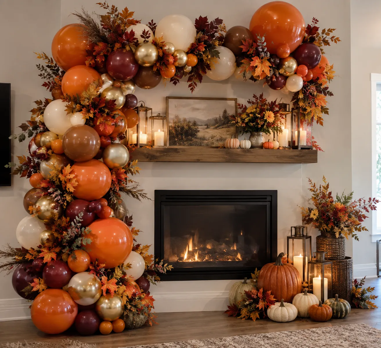 Thanksgiving balloon decor with pumpkins and fall foliage