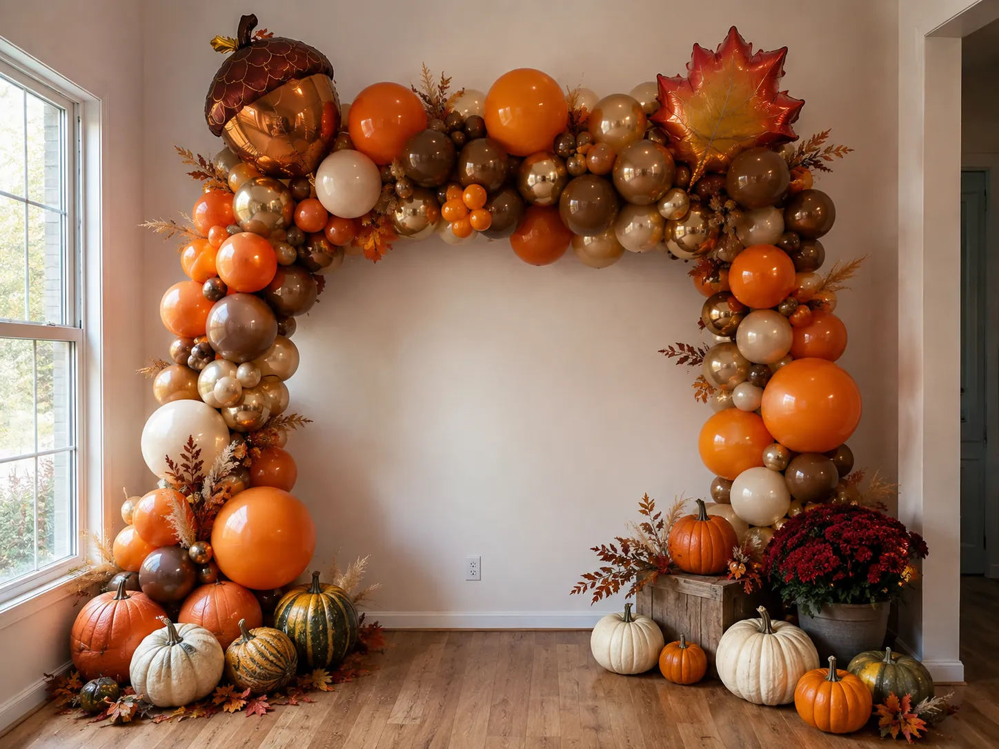 Thanksgiving balloons with pumpkins and fall decor
